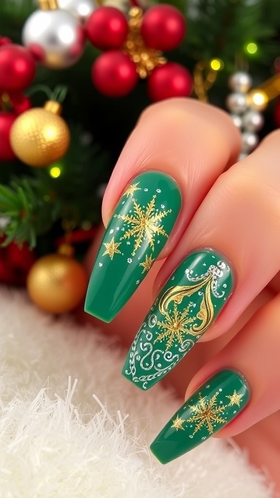 Jade green Christmas nails with gold designs and glitter on a festive background.
